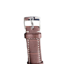 Load image into Gallery viewer, Brown leather watch strap with silver buckle on a gray background
