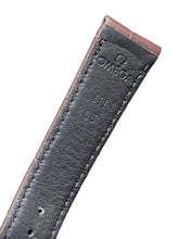 Load image into Gallery viewer, Black leather Omega watch strap on a gray surface
