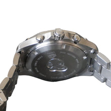 Load image into Gallery viewer, Close-up of a silver watch with brand logo on a gray background
