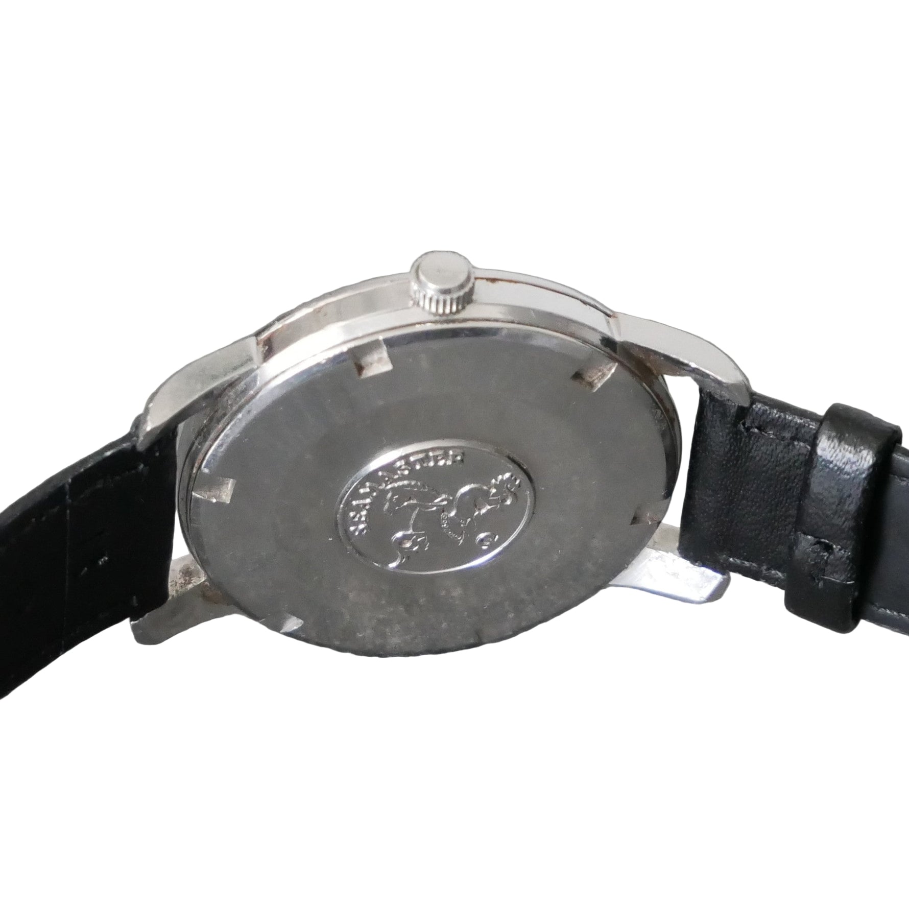 Watch case with brand logo on a gray background