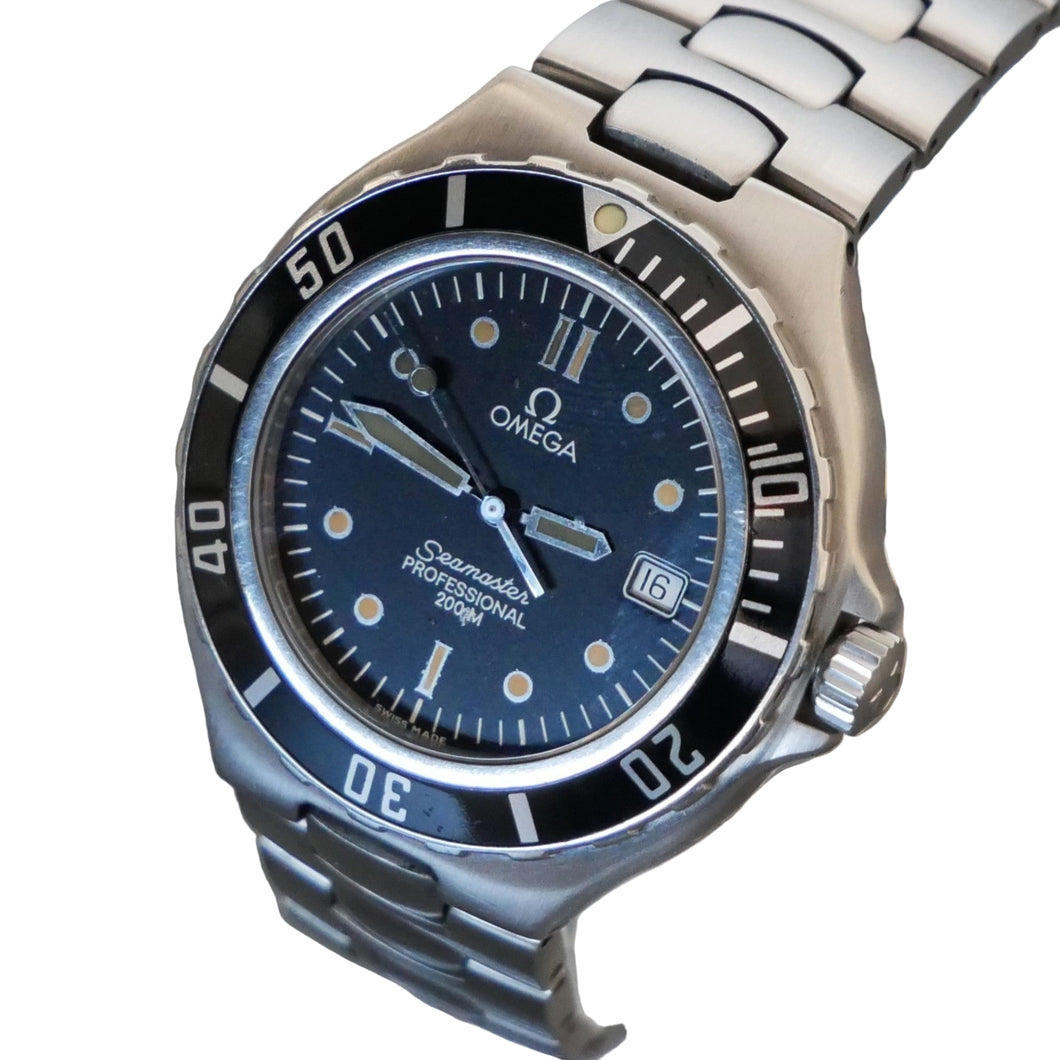 Omega watch with blue dial and silver metal strap on a gray background