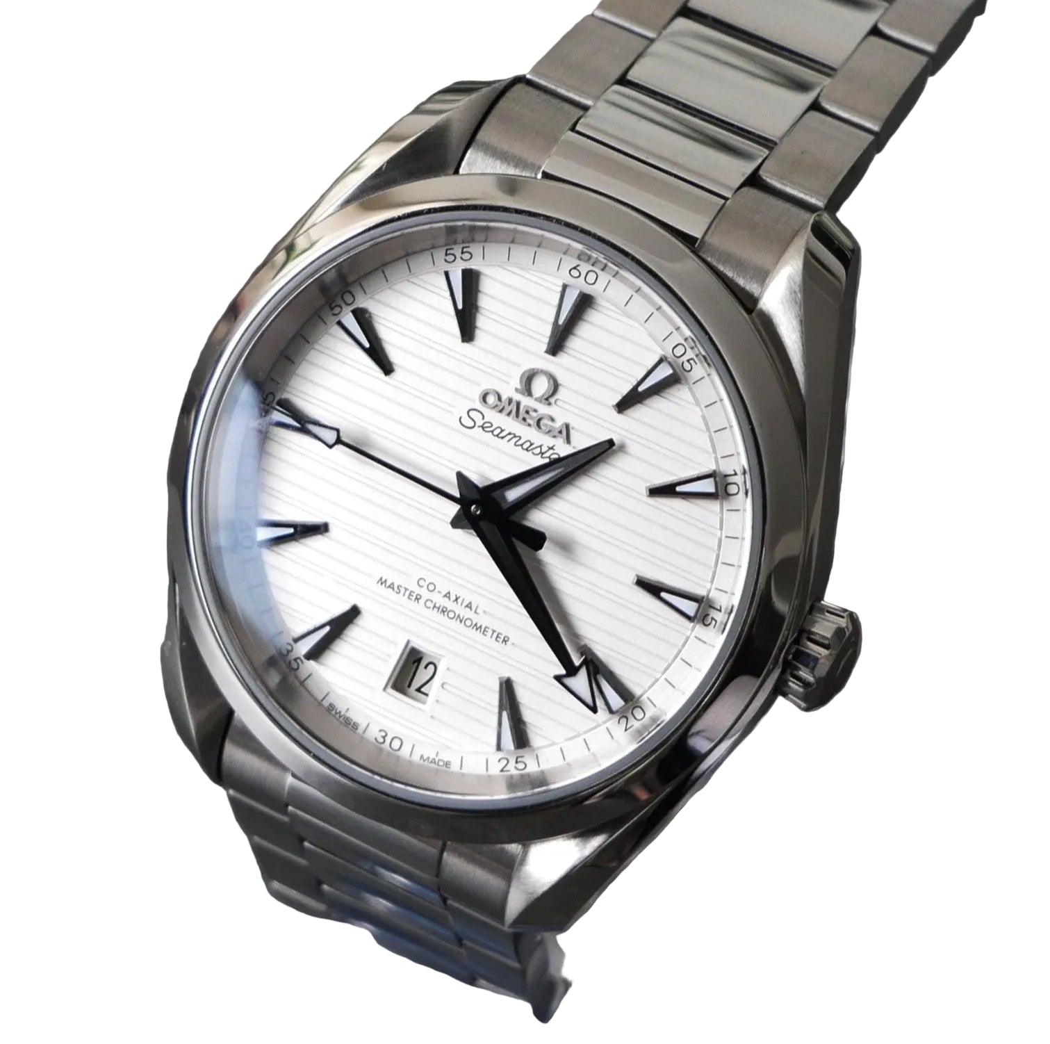 Silver Omega watch with white face on a dark background