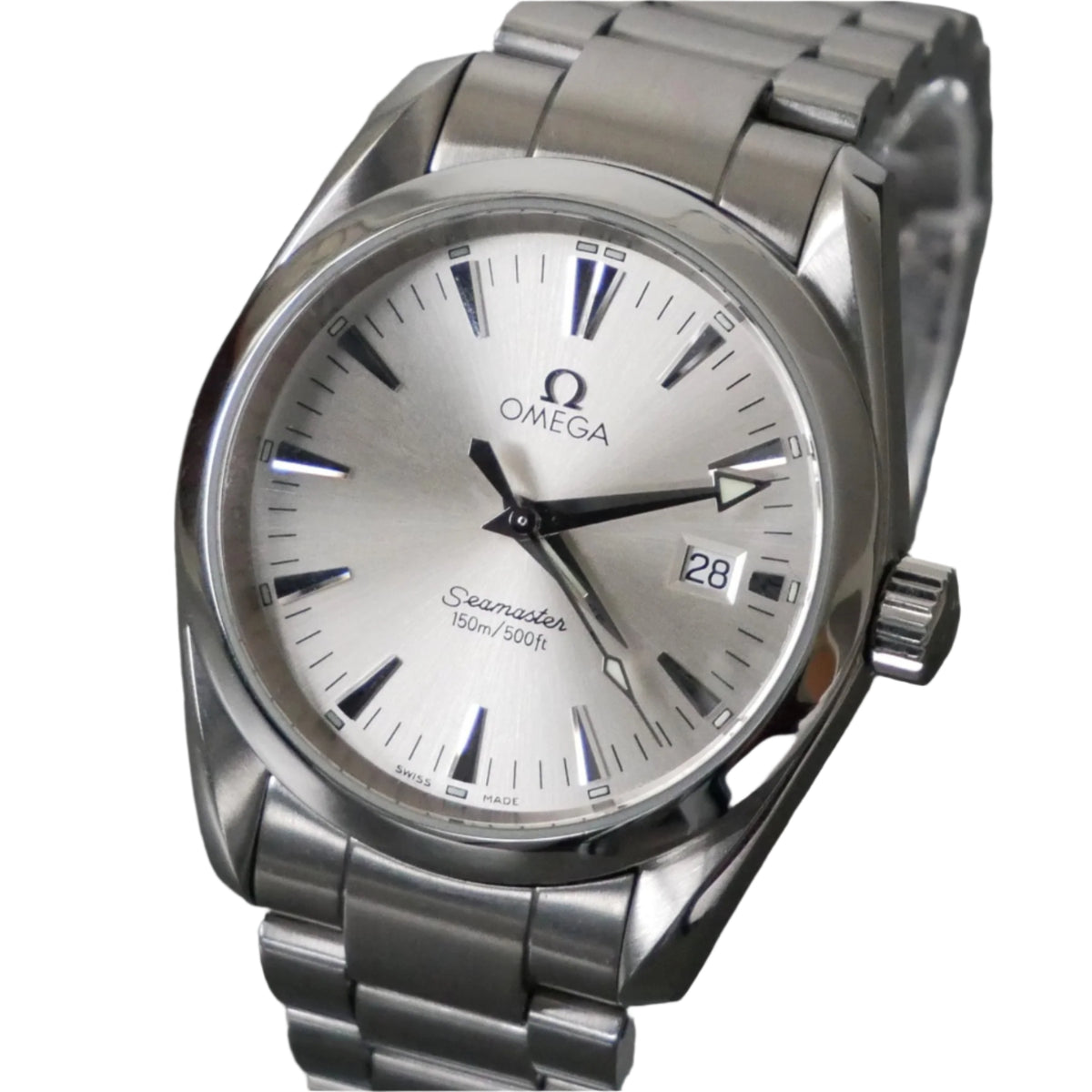 Silver Omega watch with a white face on a gray background