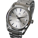 Silver Omega watch with a white face on a gray background