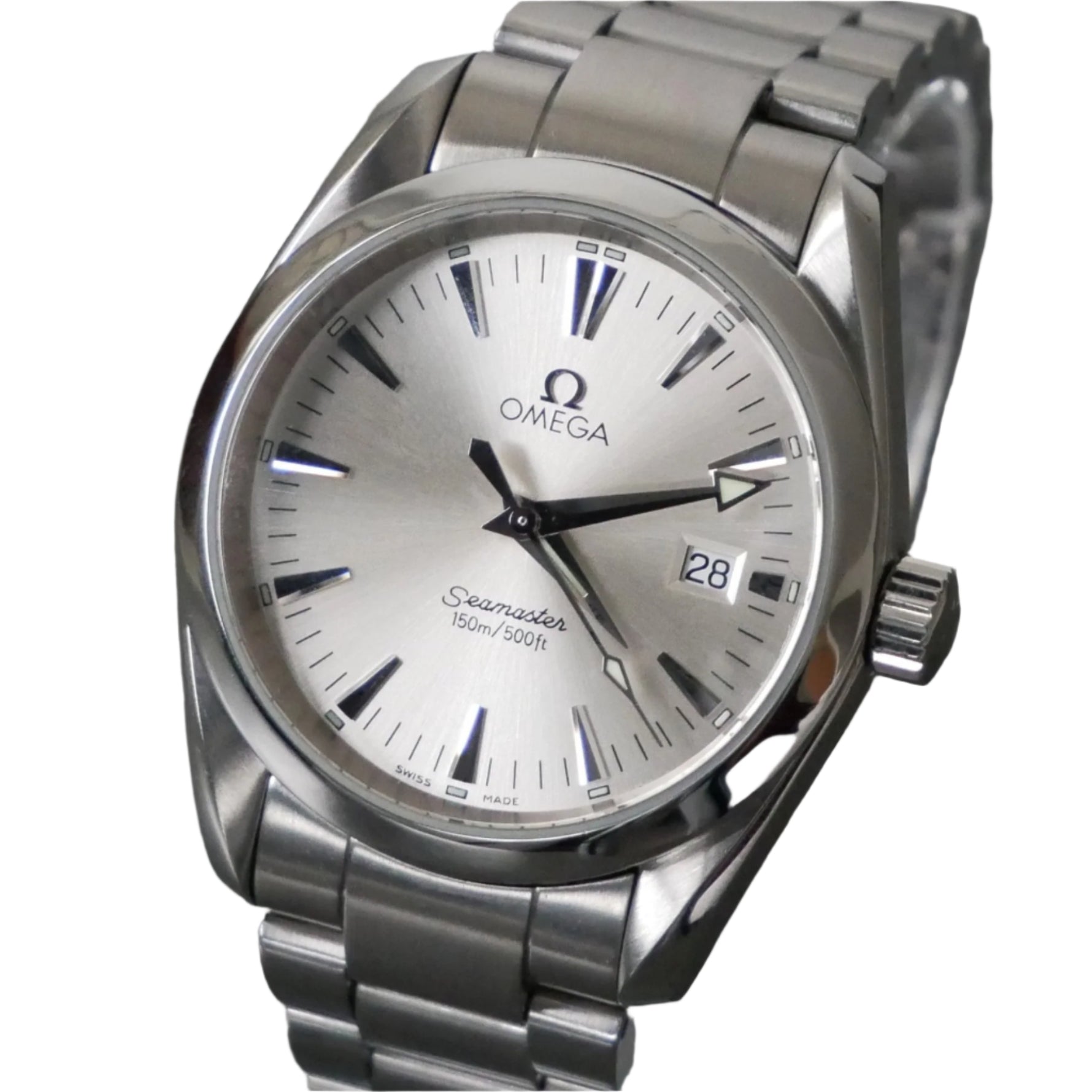Silver Omega watch with a white face on a gray background