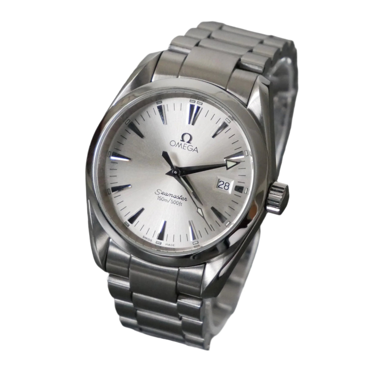 Silver Omega watch with a white face on a white background
