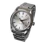 Silver Omega watch with a white face on a white background