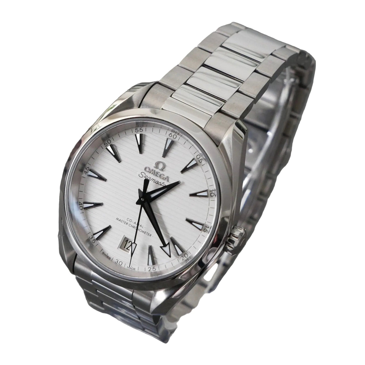 Silver Omega watch on a gray background