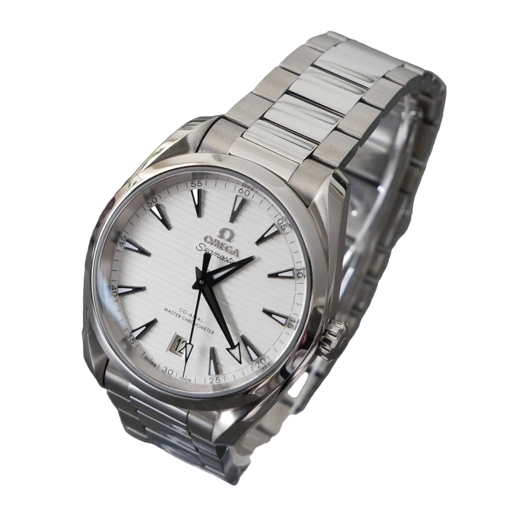 Silver Omega watch on a gray background