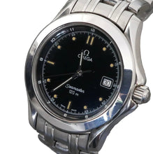 Load image into Gallery viewer, Silver Omega watch with black dial on a white background
